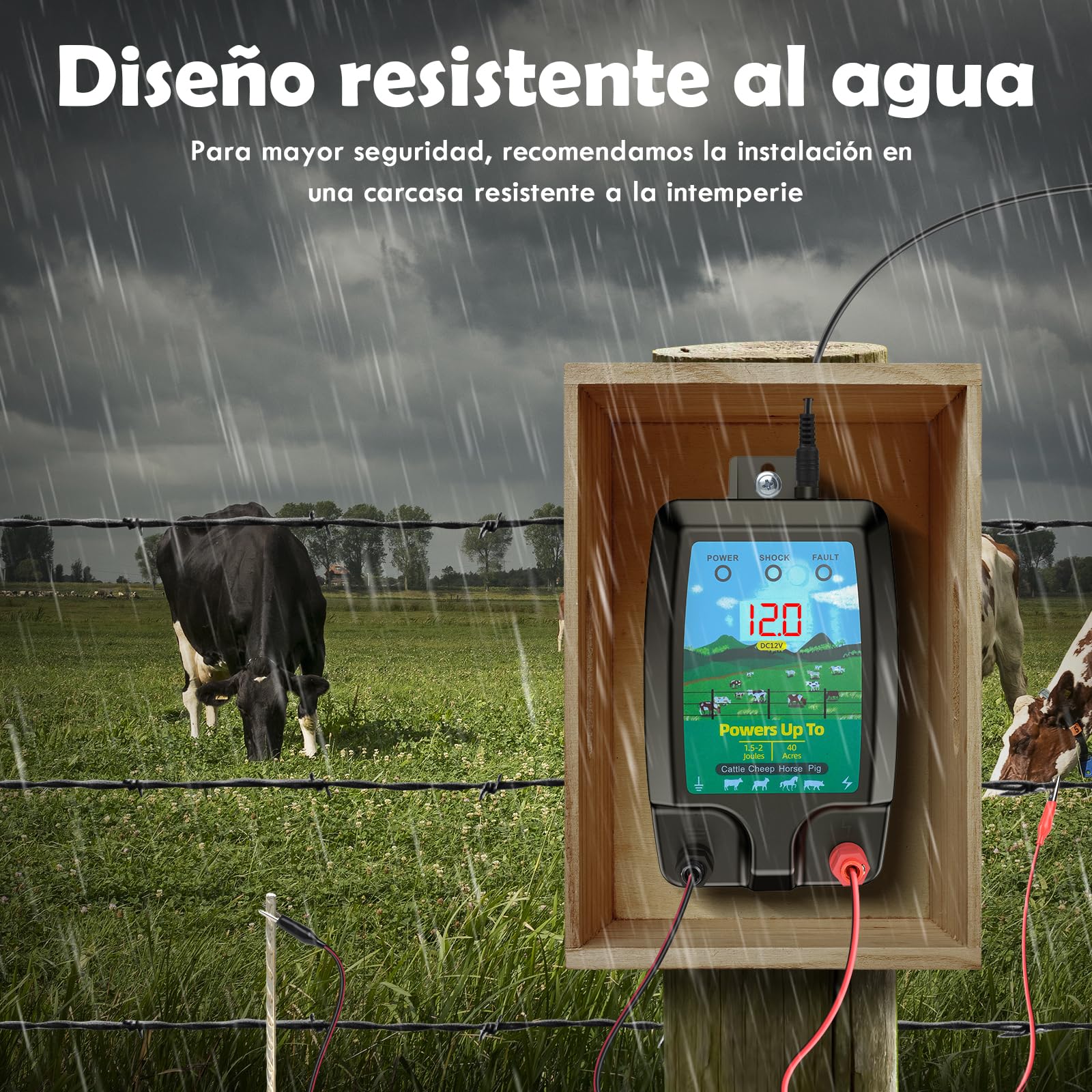 Valla eléctrica para mascotas 10KM, Potente 2J electrificador Valla eléctrica con pantalla LCD, alta potencia impermeable cerca eléctrica para protección de animales