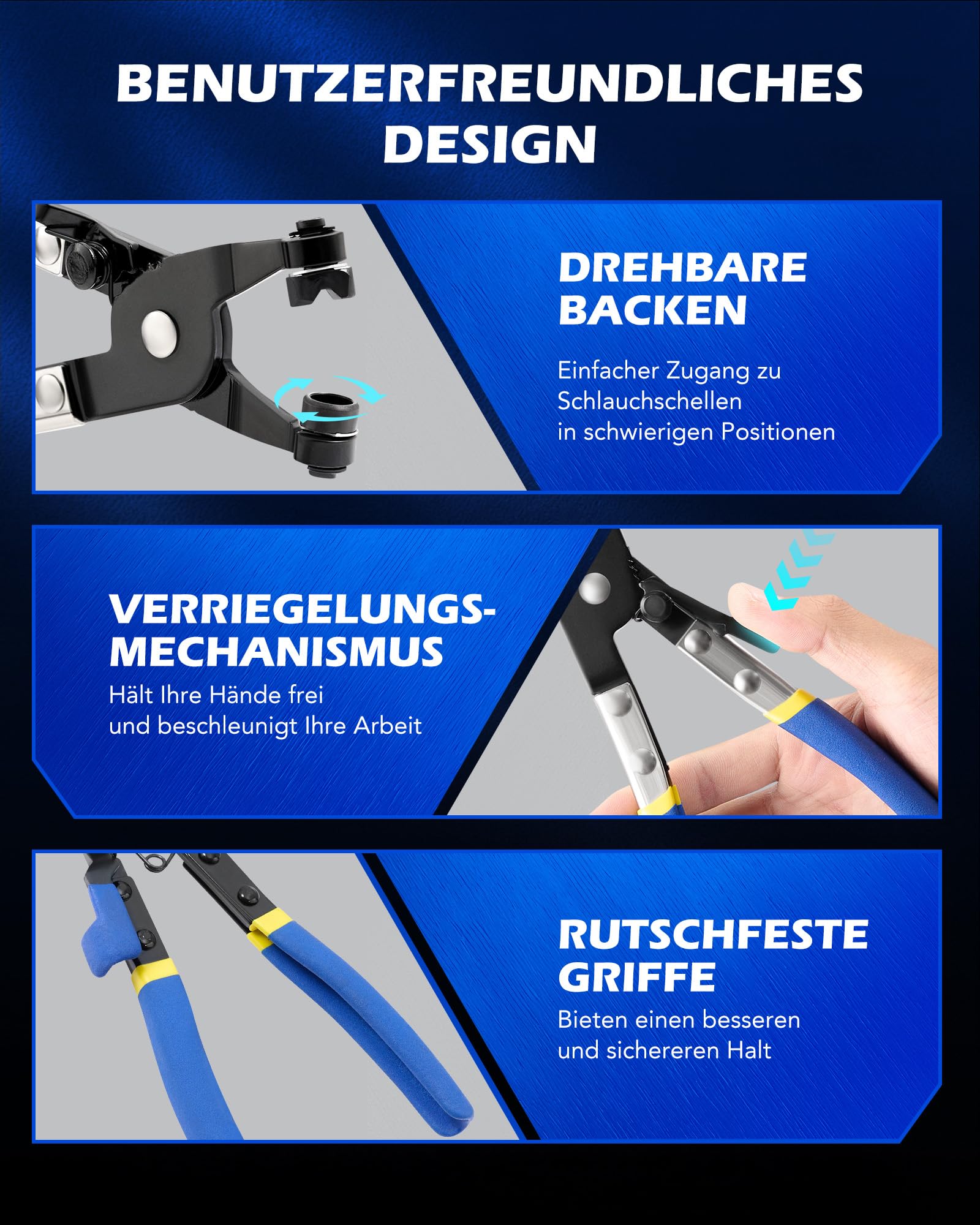 Orion Motor Tech 9-tlg. Schlauchklemmenzange Set, Profi Schlauchschellenzange Set für Kraftstoff- Öl- & Wasserschläuche, Schellenzange KFZ Werkzeug Set mit Bowdenzug für Clic-R Typ & Federbandschellen
