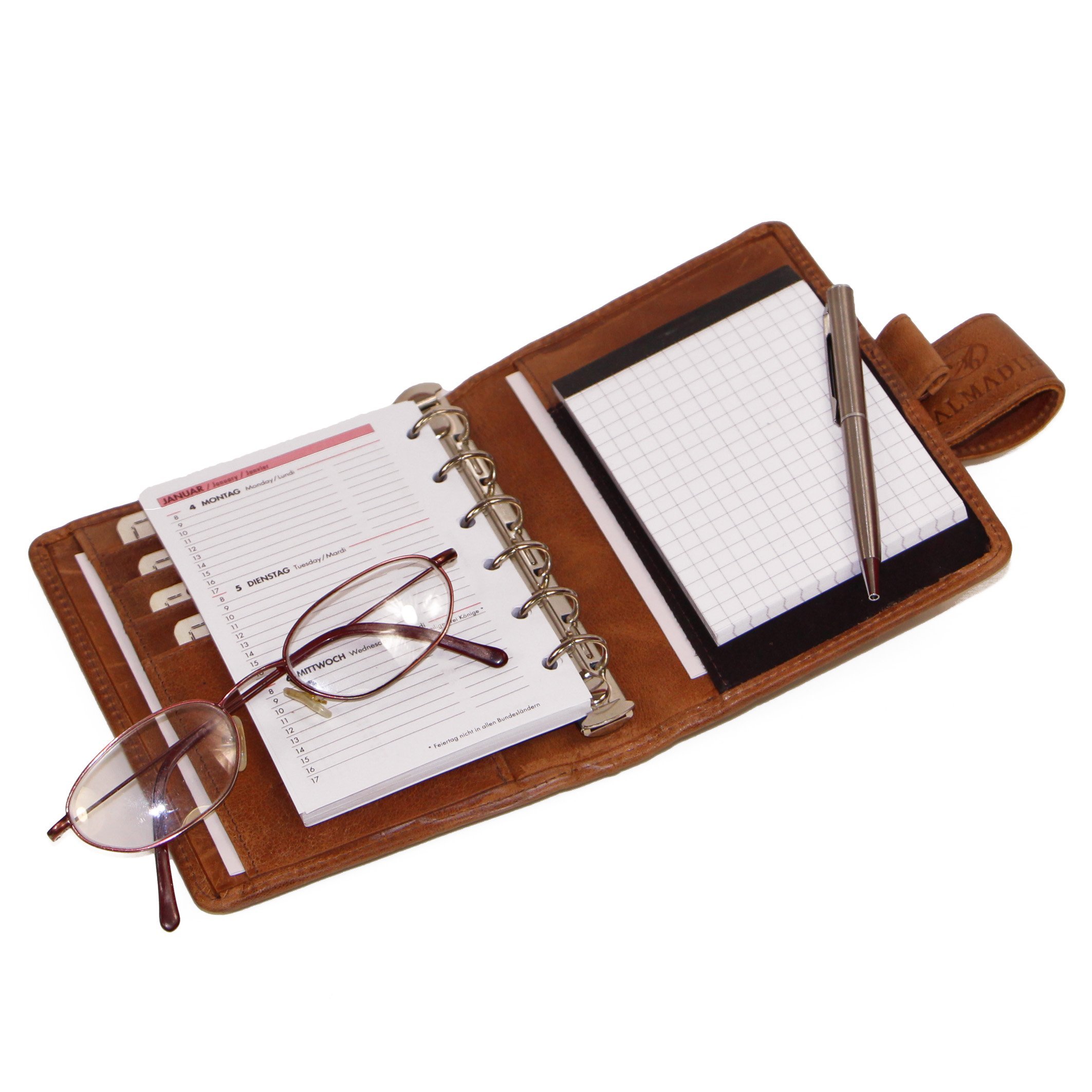 ALMADIH Leder A7 Terminplaner Kalender 2026 Notizblock Premium Rindsleder BD in Geschenkbox Ledermappe Mappe Schreibmappe Organizer Terminkalender Ringbuch Pocket Kompakt braun (A7 Term deluxe)