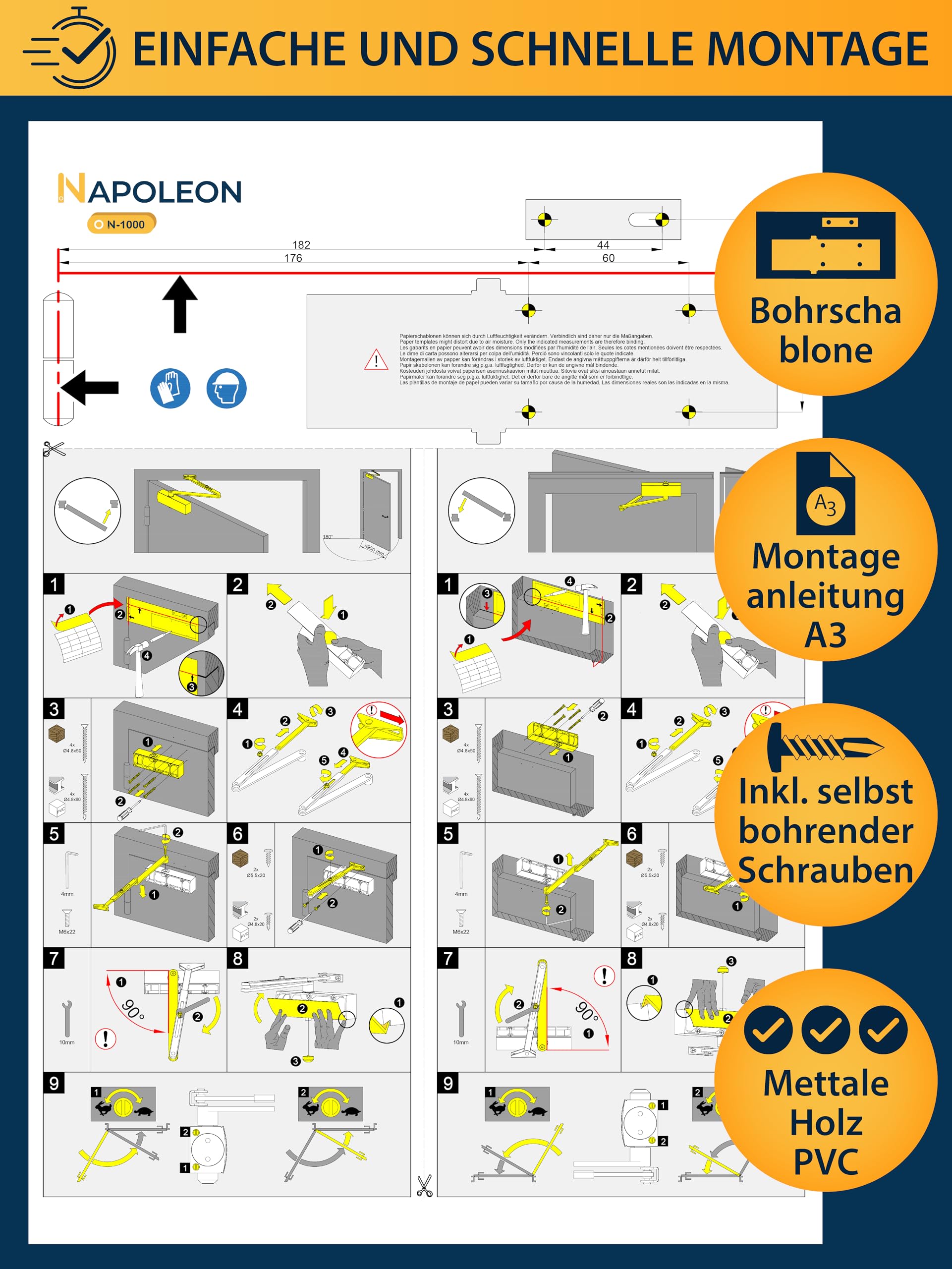 NAPOLEON N-1000 Robuster Automatischer Türschließer - Kommerziell & Residential - Türen von 20Kg bis 60Kg Größe 3 - Bohrschablone - Einfache und Schnelle Montage (Silber)