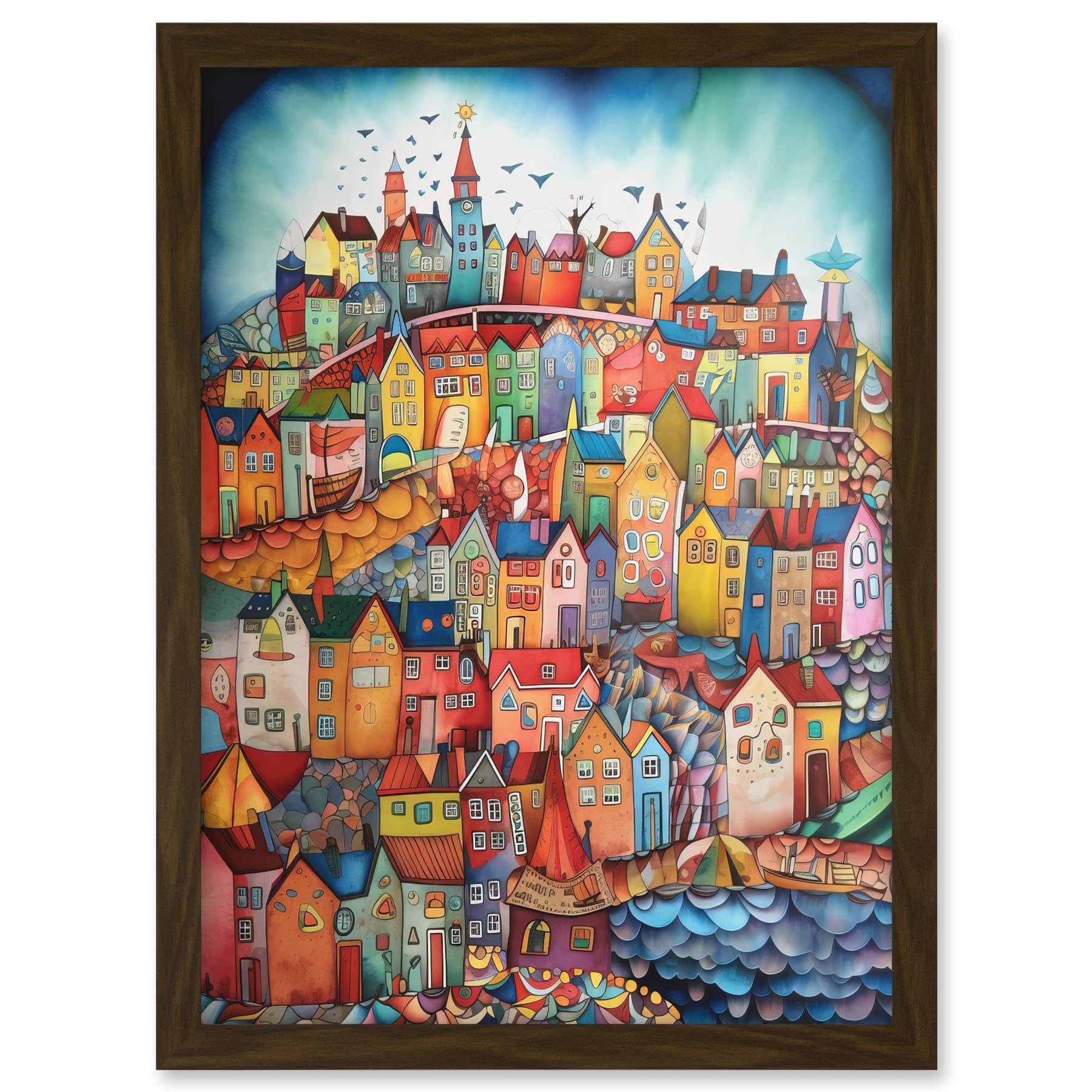 Artery8 Abstract Fishing Village Folk Art Artwork Framed A3 Wall Art Print