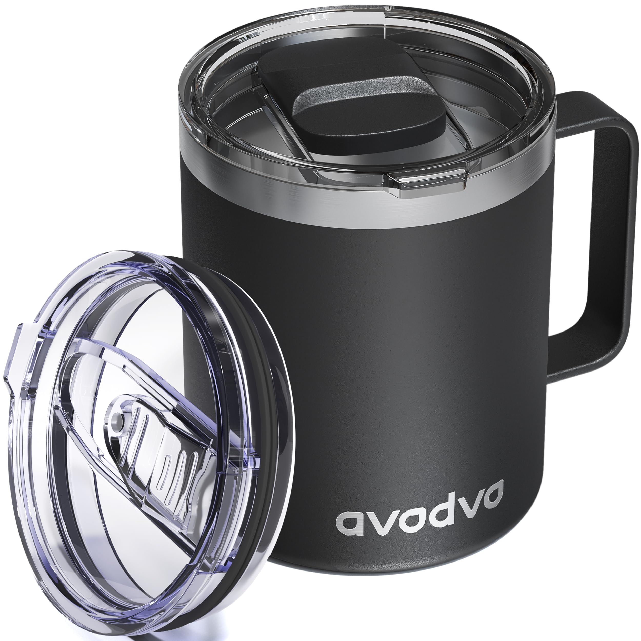 12oz Insulated Coffee Mug with 2 Lids &amp; Handle, Stainless Steel Cup