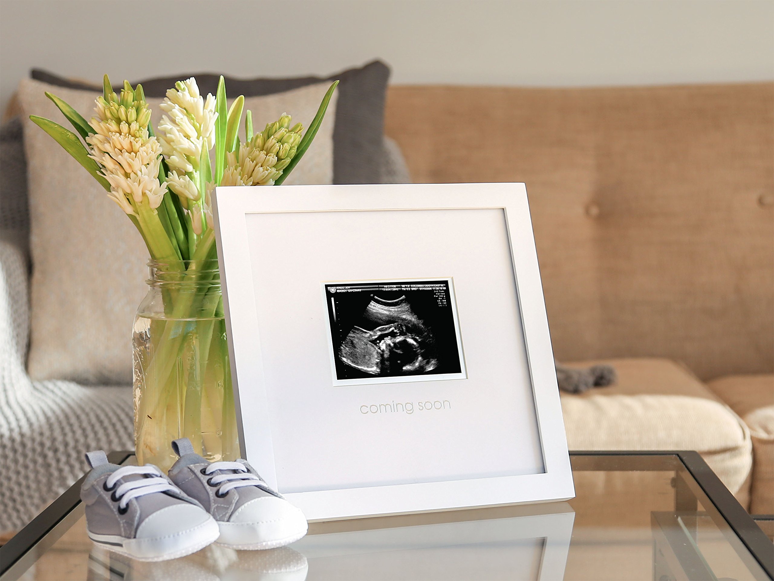 Pearhead Coming Soon Sonogram Frame, Gender Reveal Ultrasound Picture Frame, Nursery Wall Décor, Pregnancy Announcement Baby Photo Frame, White