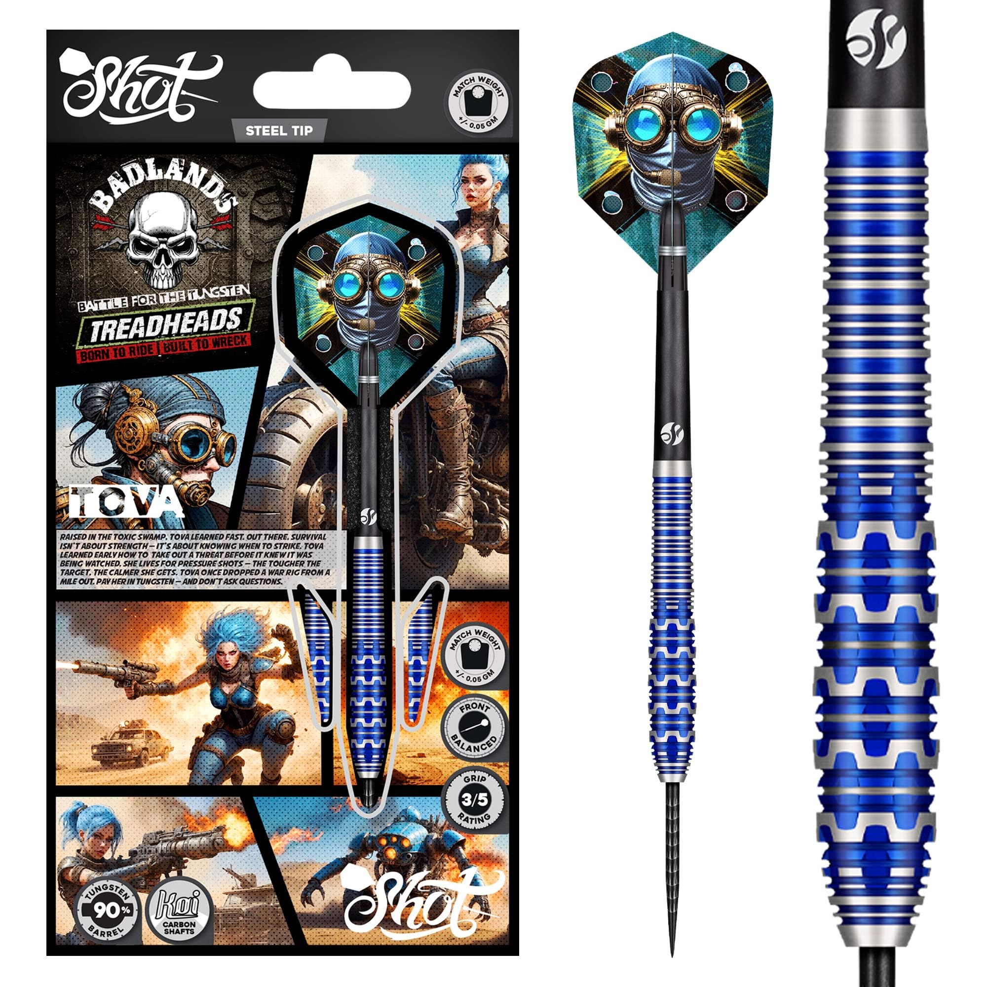 Shot! Badlands Tova Steel Tip Dart Set–90% Tungsten Barrels Handcrafted Professional Dart Set & Flights Made in New Zealand, Steel Tip Darts for Bristle Dartboard (26, Grams)