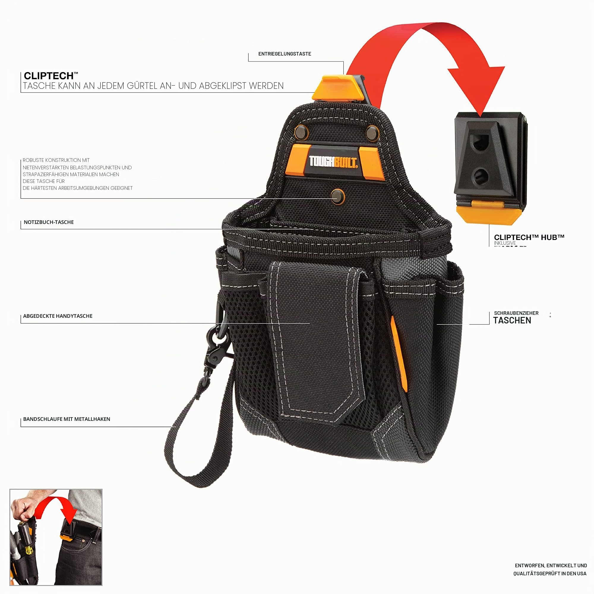 ToughBuilt - Werkzeugtasche mit Mehreren Fächern – strapazierfähig, Deluxe-Qualität, langlebig – Patentierte ClipTech™ Naben- und Arbeitsgürtel
