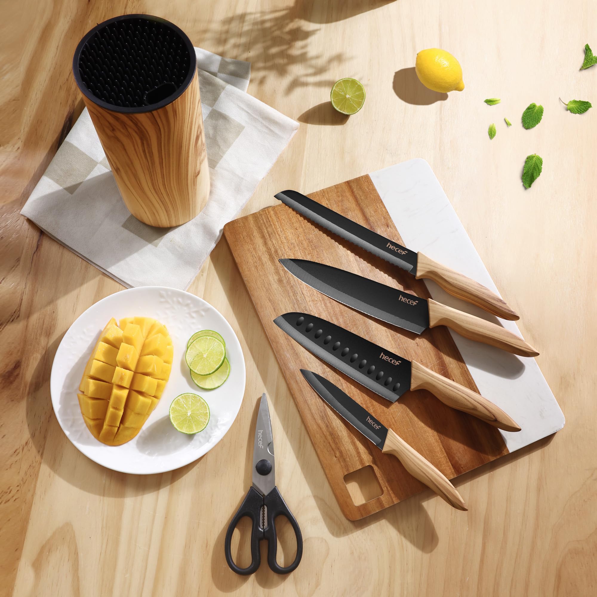 hecef Bloc Couteaux 6 Pièces avec Bloc Universel, Couteaux de Cuisine En Acier Inox, Couteau de Chef & Santoku, Ultra Tranchant, Manches Ergonomiques, Lames Noires Antiadhésives, Maison et les Cadeaux