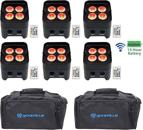 (6) Rockville Best PAR 50 - Luces de lavado recargables inalámbricas DMX+RGBWA+UV+bolsa