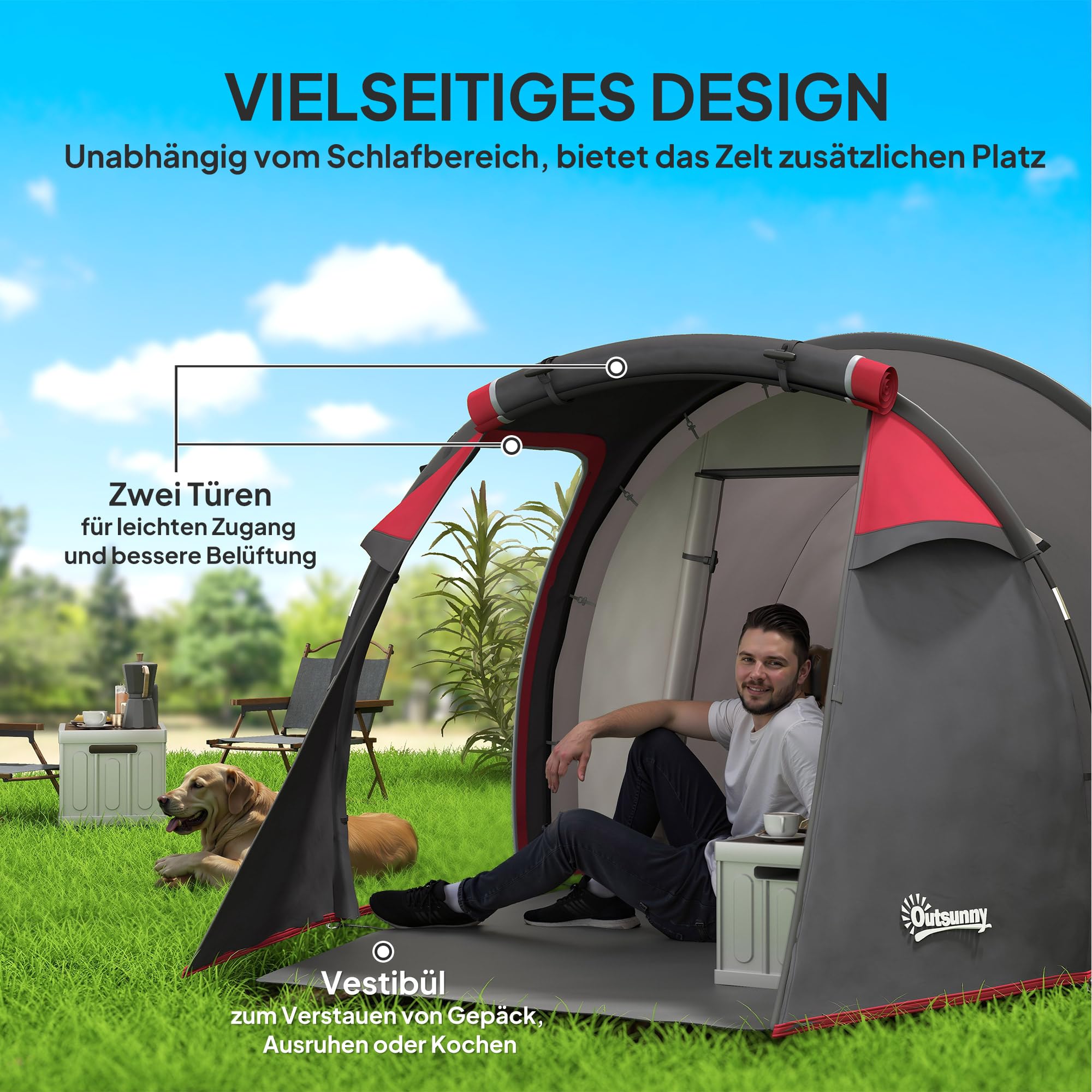 Outsunny Tunnelzelt für 2 Personen, Campingzelt mit Vorraum Lampenhaken 2000mm Wassersäule, Groß wasserdicht Familienzelt, Gruppenzelt für Camping Reise Trekking Garten