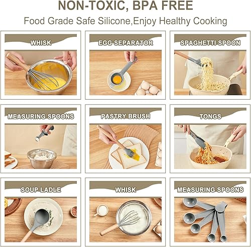 Miniatura 2 de Juego de utensilios de cocina  Juego de 34 utensilios de cocina de silicona antiadherente con mango de madera, juego de herramientas de cocina para