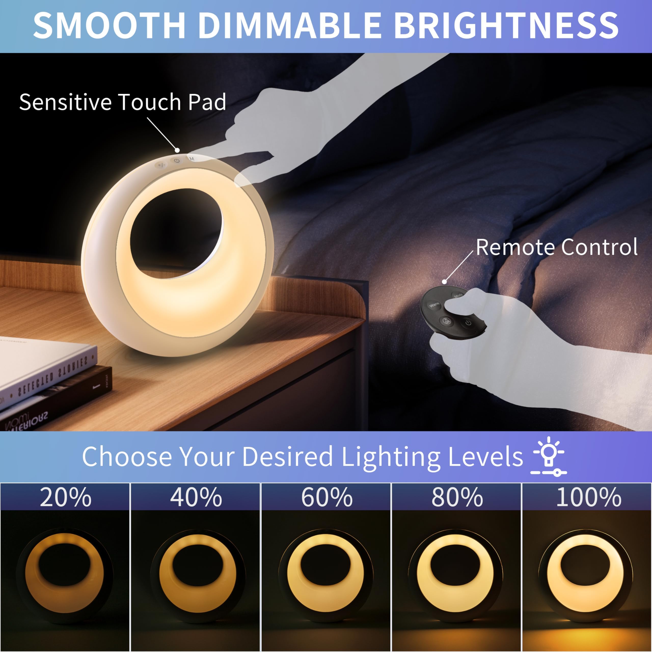 HOOMOOZ Lampada da Comodino, Luce Notturna Bambini a LED, Bajour Comodino Colori Dimmerabile RGB, 9 Modalità di Luce, Touch e Telecomando, Funzione Timer, Ricaricabile, per Camera da Letto, Soggiorno