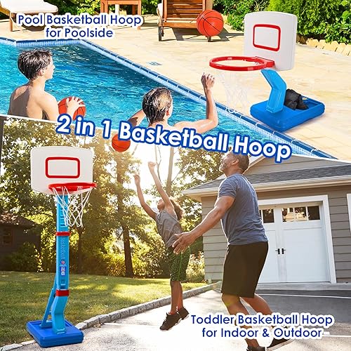 Miniatura 2 de Aro de baloncesto para niños pequeños para interiores y exteriores, mini portería de baloncesto junto a la piscina con 4 bolas de altura ajustable,