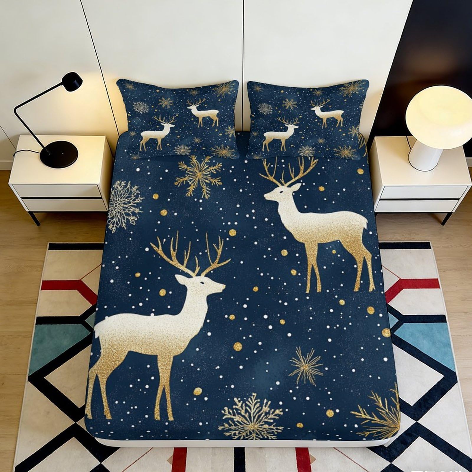 3D Printed Golden Reindeer Fitted Sheet Microfiber Blue Snowflake Mattress Cover Anti-Slip Washable for Bedroom Guest Room 140x200x25cm