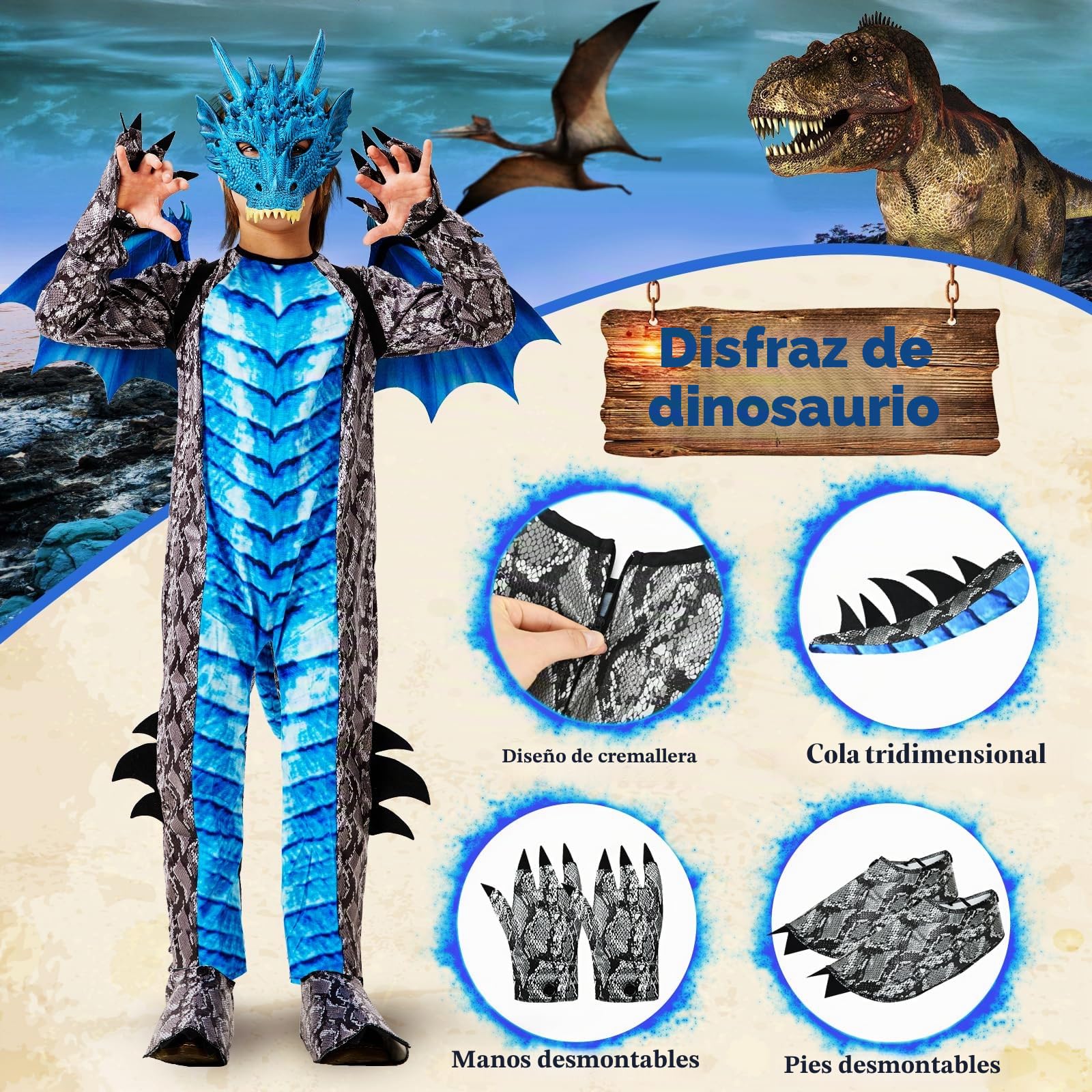 Ulikey Disfraz de Dragón Niño, Disfraz Carnaval Niño, Alas Dragón Disfraz y Máscaras, Azul Rojo Traje de Dragón, Mono, Traje de Carnaval Halloween Fiestas Cosplay para 5-12 Años Niños