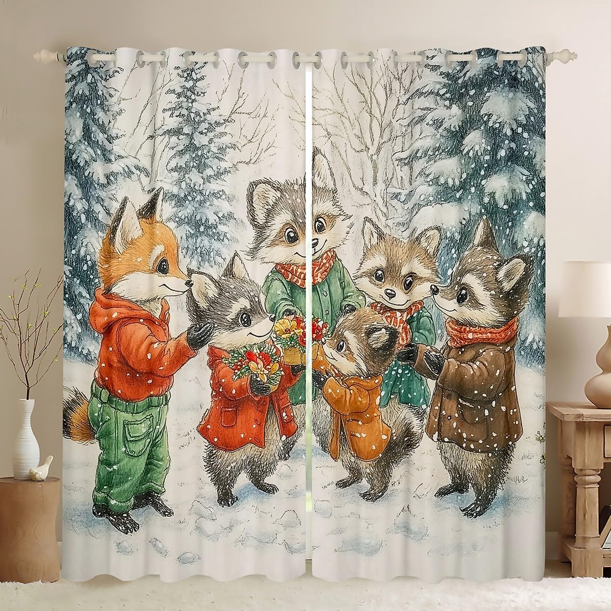 Manfei Merry Christmas Blackout Curtain,Cute Fox Cartoon Wild Animal Window Drapes,Pine Tree Snowflake Xmas Winter Nursery Bedroom Playroom Decor,Beige Brown 2 Panels,66Wx72L inch