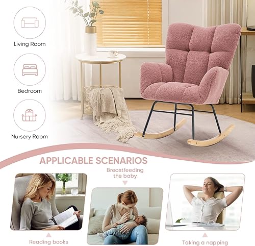 Miniatura 8 de KINFFICT Silla mecedora de terciopelo de peluche, sillón mecedora con carga para guardería, cómoda silla auxiliar para sala de estar, dormitorio