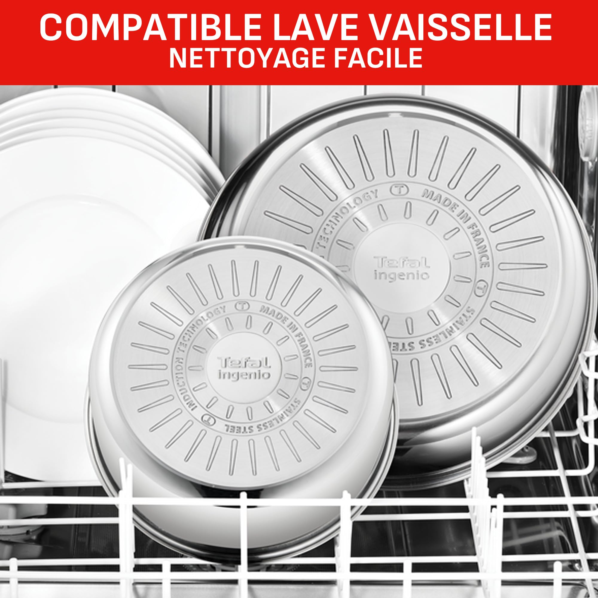 Tefal Ingenio Lot de 4 pièces, Casseroles 16/18/20 cm + 1 poignée amovible, Induction, Acier inoxydable, Empilable, Gain de place, Preference On L898S334