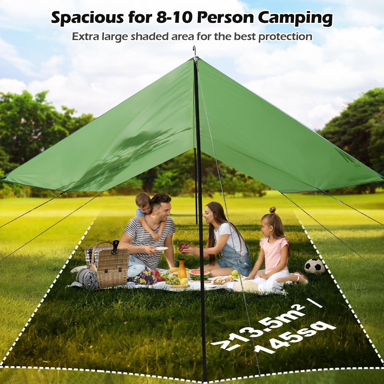 Tarp mit Stangen Zeltplane Wasserdicht, Tarp 3x4,5m Zeltplane Wasserdicht mit Ösen Camping Plane Sonnensegel Shelter für Camping Hängematte Wandern Picknick Reisen Outdoor Aktivitäten Terrassen