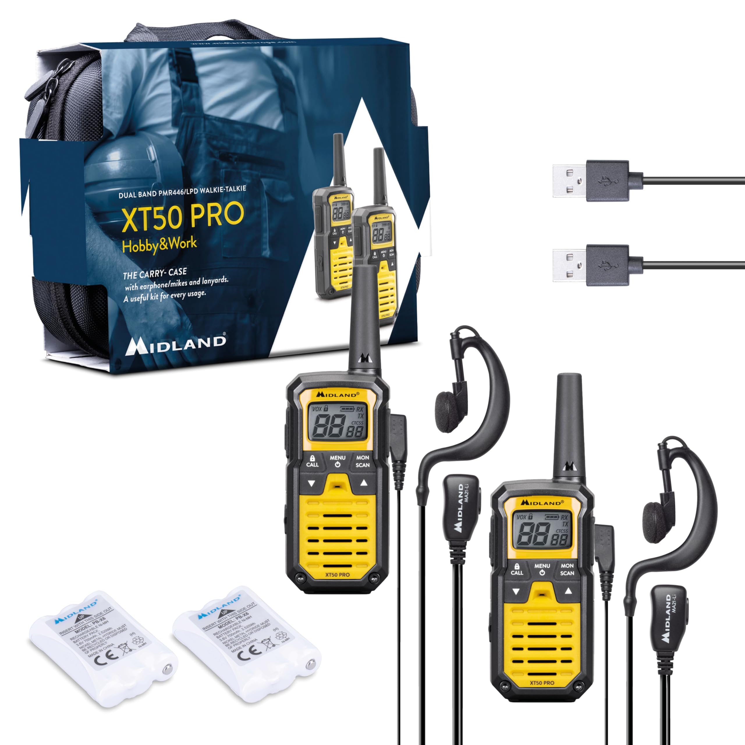 Midland - Walkie Talkie XT50 PRO Doppio Hobby & Work, 2 Ricetrasmittenti Professionali 85 Canali PMR446, Rete Radio Montana - 8Km, 12H, Waterproof IPX2, Ricarica USB, Valigetta Trasporto e Accessori