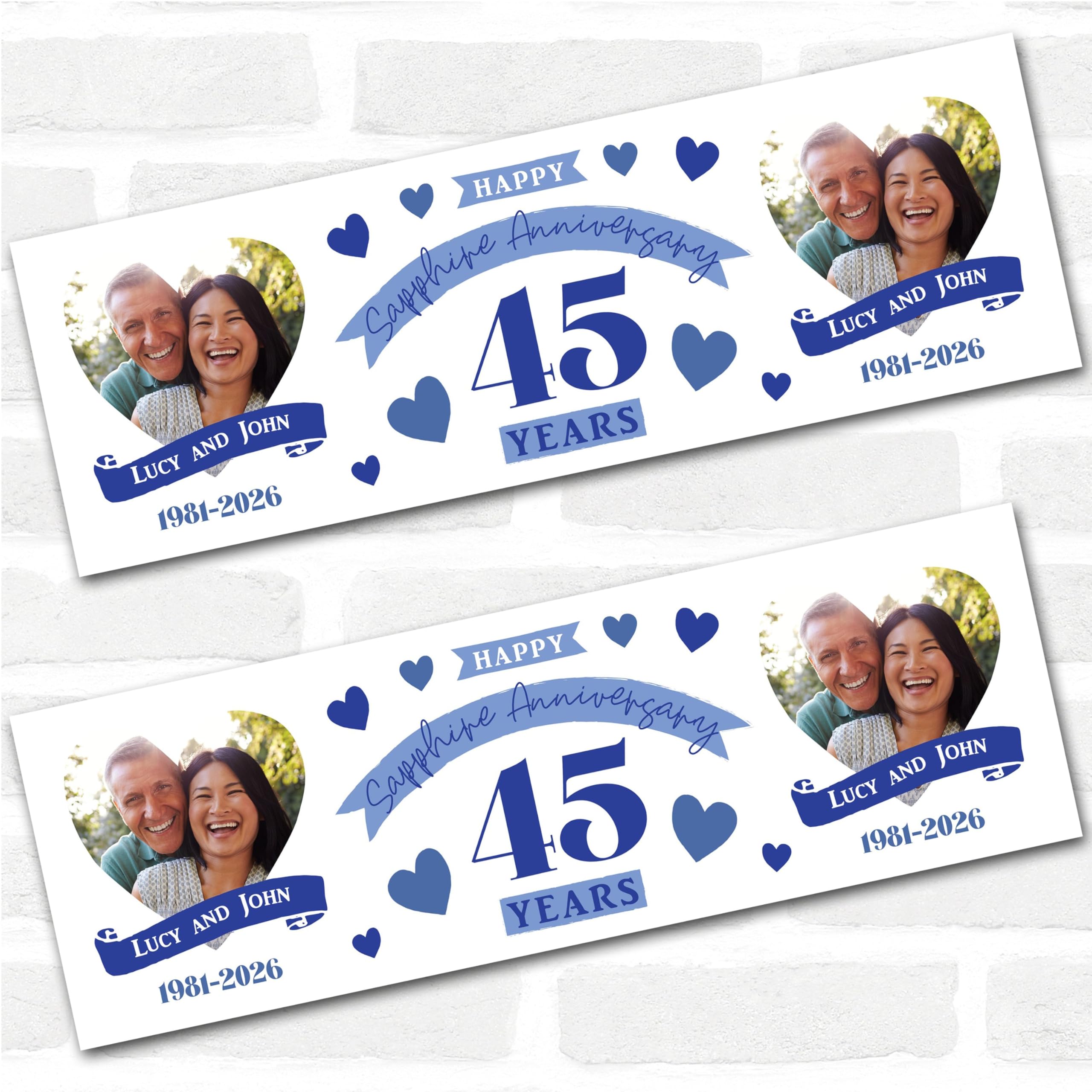Personalised Party Banner For 45th Wedding Anniversary Sapphire 45 Years Photo | Custom Large Party Decoration, Event Banner, Backdrop, Décor, Signage. 3 ft x 1 ft | 4.5 ft x 1.5 ft | 6 ft x 2 ft