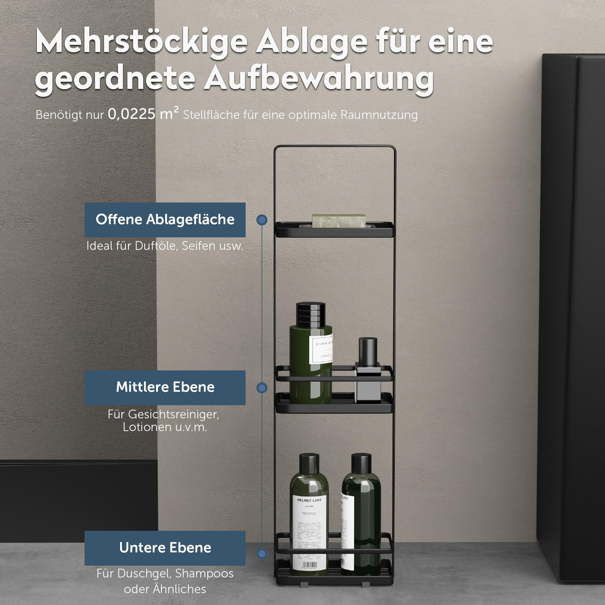 doporro Duschregal stehend, Badregal schmal aus Metall, 3 Ebenen Badezimmerregal freistehend, Duschablage ohne Bohren für Bad, Dusche und WC, Schwarz, Reglo-02