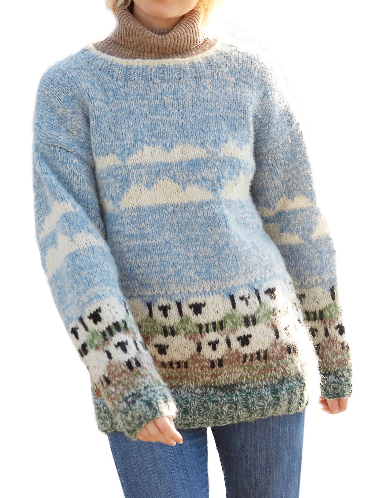Pachamama Women Wool/Mohair Jumper Handknitted Sheep Design Blue Handmade Warm Sweater Fair Trade (UK, Alpha, M, Regular, Regular)