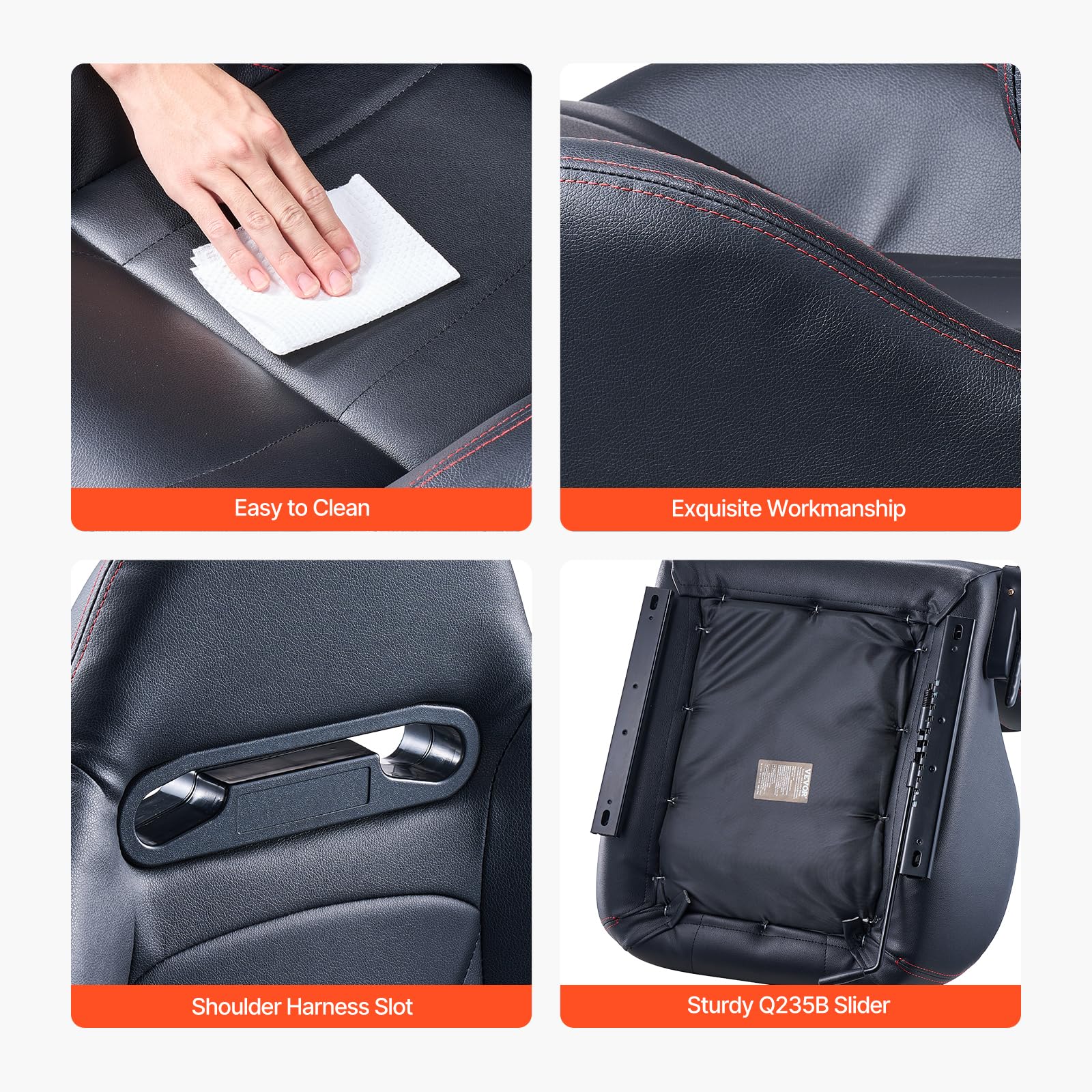 VEVOR Asiento de Carreras, Juego de 2, con Ángulo Amplio Reclinable y Espuma de Alta Resiliencia, con Cuero de PVC Suave y Deslizador Q235B, Apto para Autos de Crreras y Karts, 550 x 585 x 885 mm