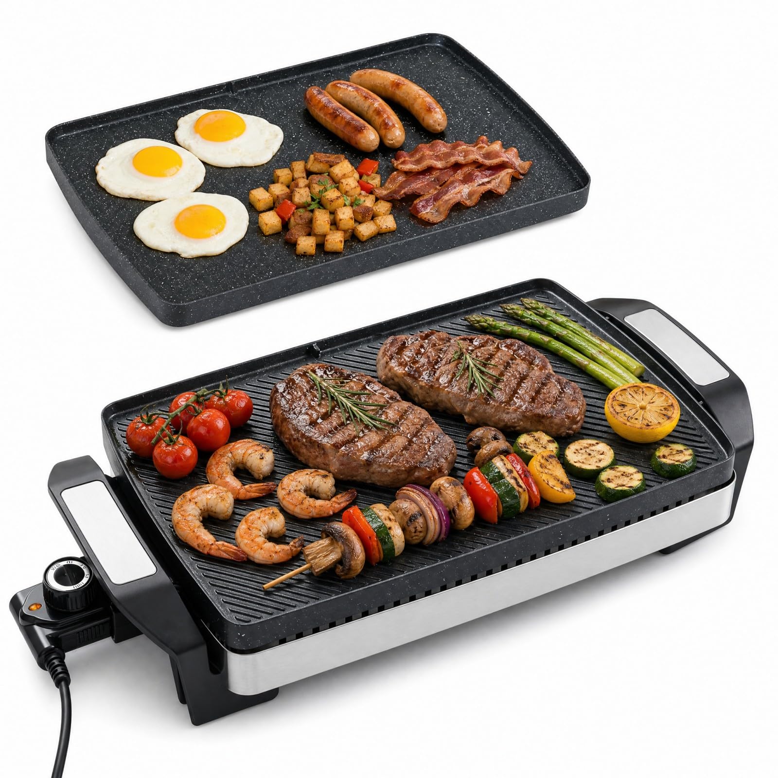 LIFEZEAL Griglia Elettrica 1500W, Barbecue da Tavolo con Piastra Bifacciale | Plancha Antiaderente per Interno e Esterno, Temperatura Regolabile a 4 Livelli, Grill Rimovibile e Lavabile in Lavastoviglie
