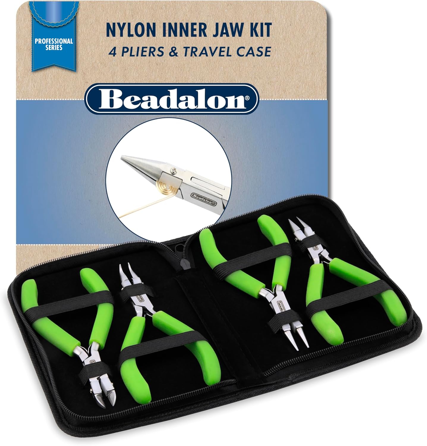 Beadalon Professional Series Nylon Inner Jaw Pliers Kit, Lime Green Vinyl-Free Grips, Chain Nose, Bent Chain Nose, Round Nose, Semi-Flush Cutter, 5.75 in ea, 4 pc with Pouch