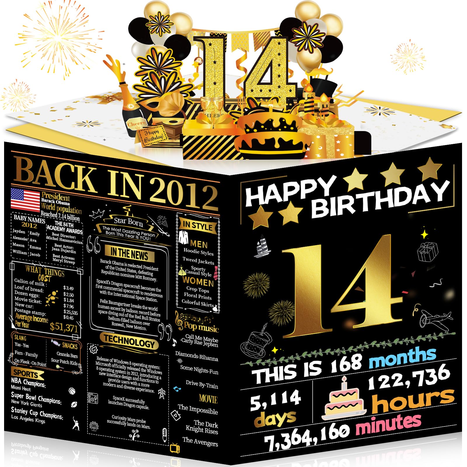 Joycard 14th Birthday Card for Girl Boy, 3D Pop Up Happy Birthday Gift for Daughter Son, Funny 14 year old Birthday Decorations for Grandson Granddaughter, Back in 2012 Laser Gold Retro Theme