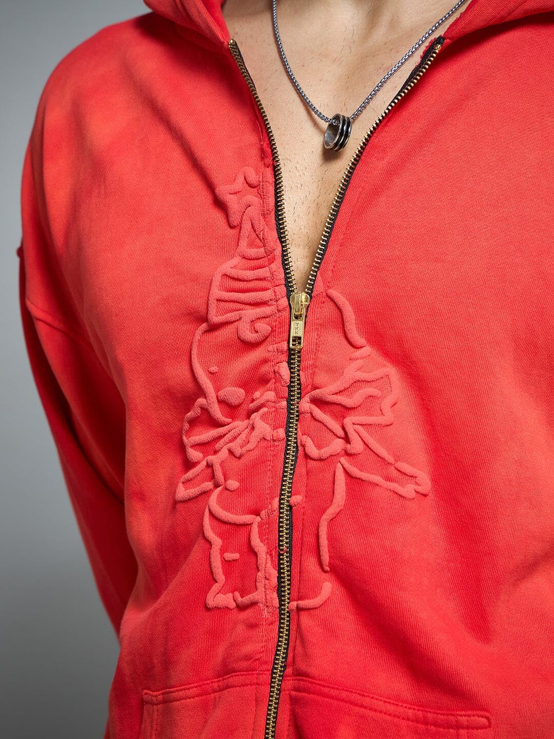 FUGAZEE Red Washed Birthday Boy Zipped Hooded Sweatshirt for Men | 320 GSM Cotton Terry | Oversized Fit | Drop Shoulder | Puff Print | Textured Vintage Wash