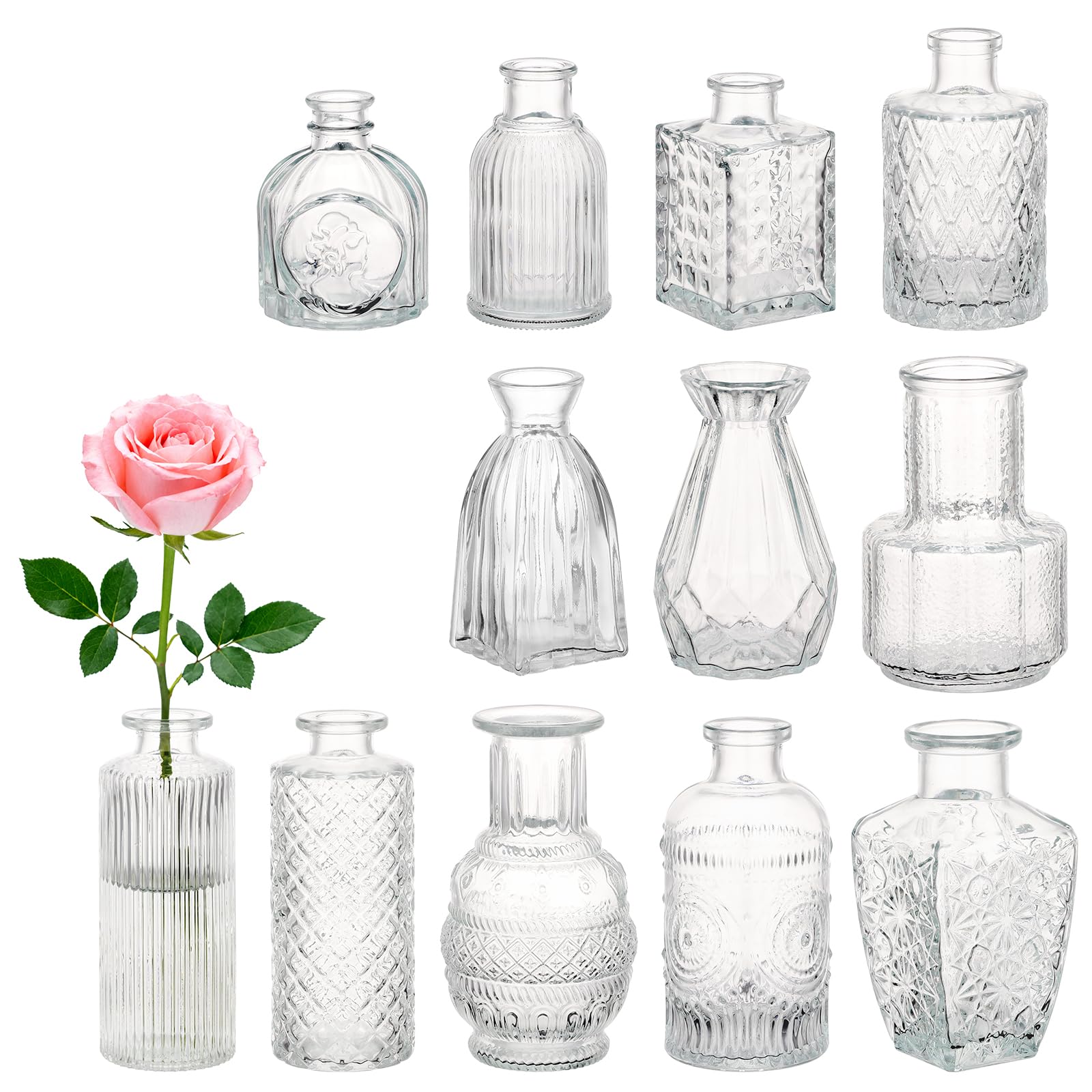 Segus Glass Vases, 12 Pieces Small Vintage Glass Vase, Transparent Vase, for Living Room, Bedroom, Wedding, Birthday