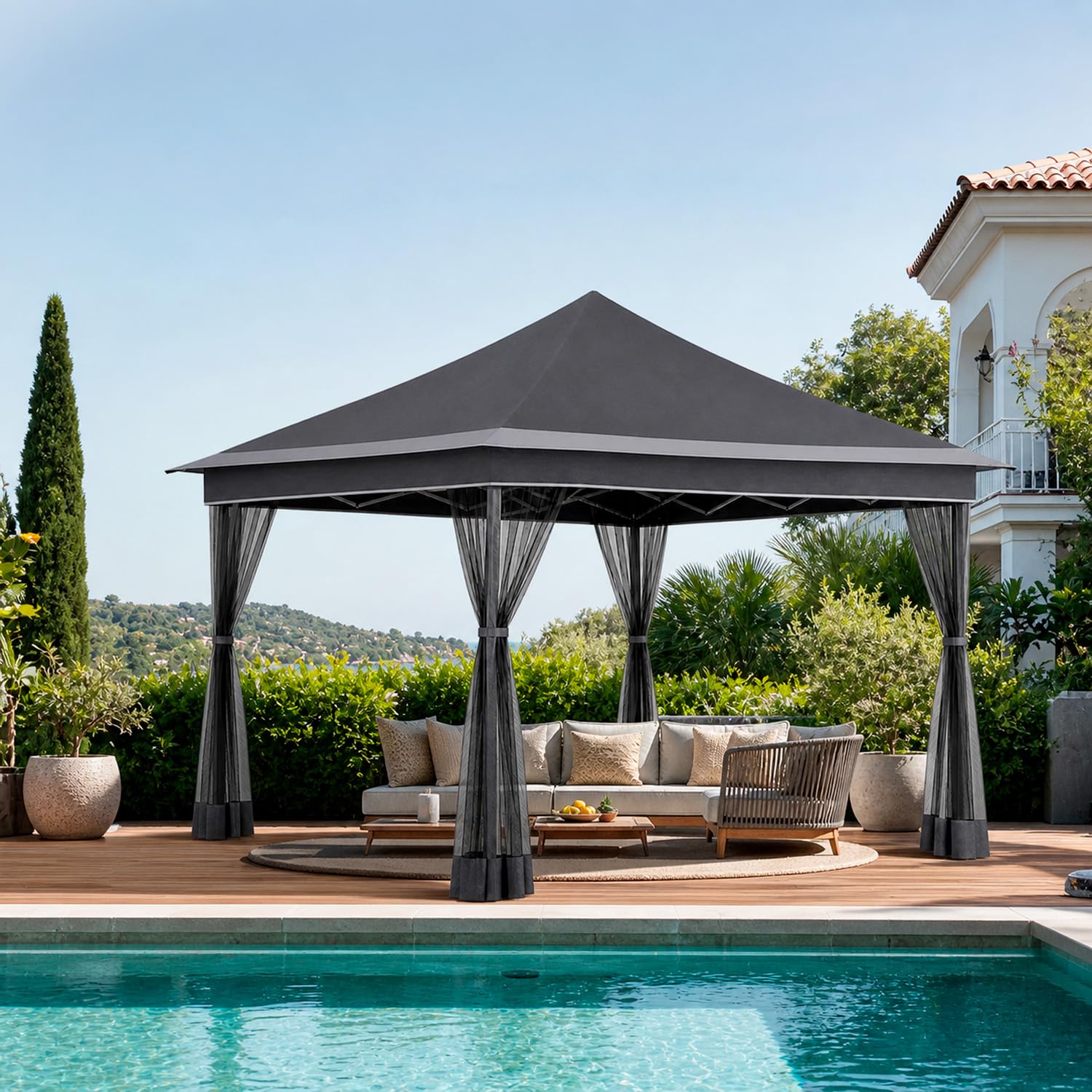 Gazebo Pieghevole Da Giardino Con Zanzariere Laterali Copertura Oxford UV50+ Struttura Regolabile Pop Up Con Borsa Trasporto Per Eventi Outdoor 360 x 360 x 310 Cm Bianco