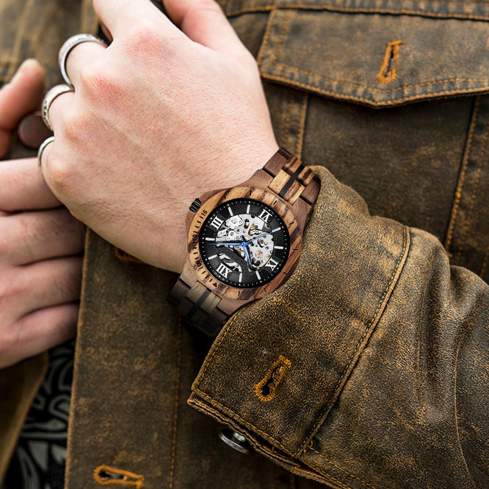 FORSINING Montre pour homme - Design classique - En bois - Automatique - Squelette - Montre mécanique lumineuse et étanche