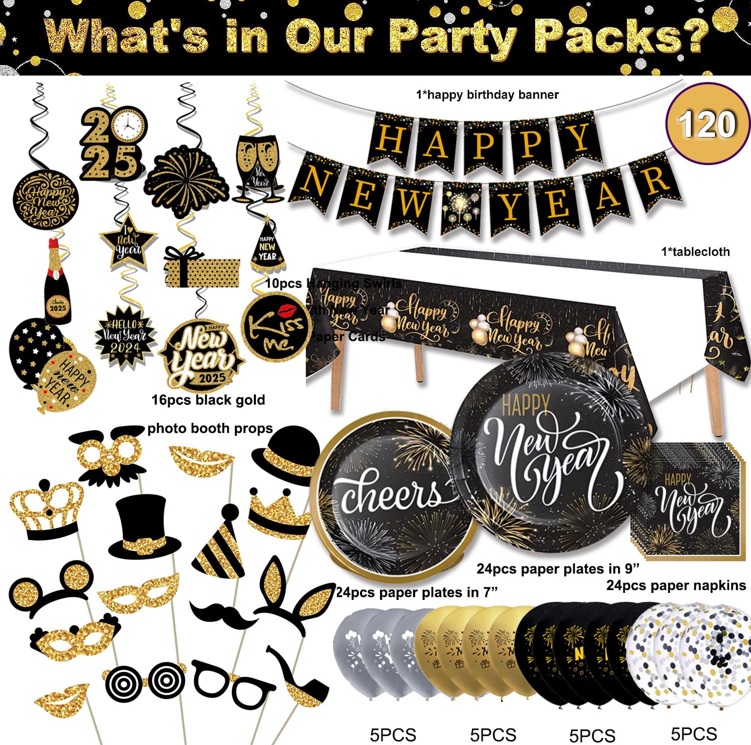 48 Pezzi Set Forniture Festa Capodanno 2024 | 24 Piatti E 24 Tovaglioli Carta Riciclabile | Tema Giocattolo Per Compleanno - 4