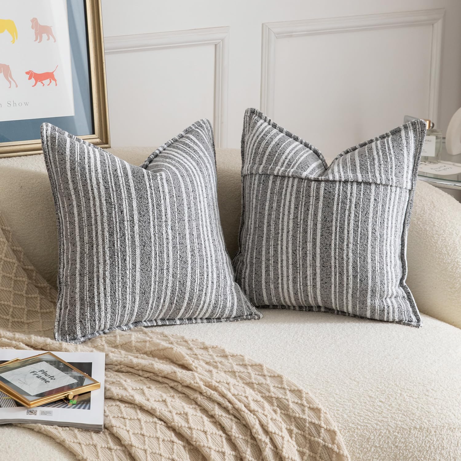 Madizz 2 Pezzi Copri Cuscini in Boucle con Bordo Decorativo Neutri Morbido Copricuscini Fodere per Cuscino Lusso Stile Arredi per Divano e Letto Grigio chiaro 45x45 cm