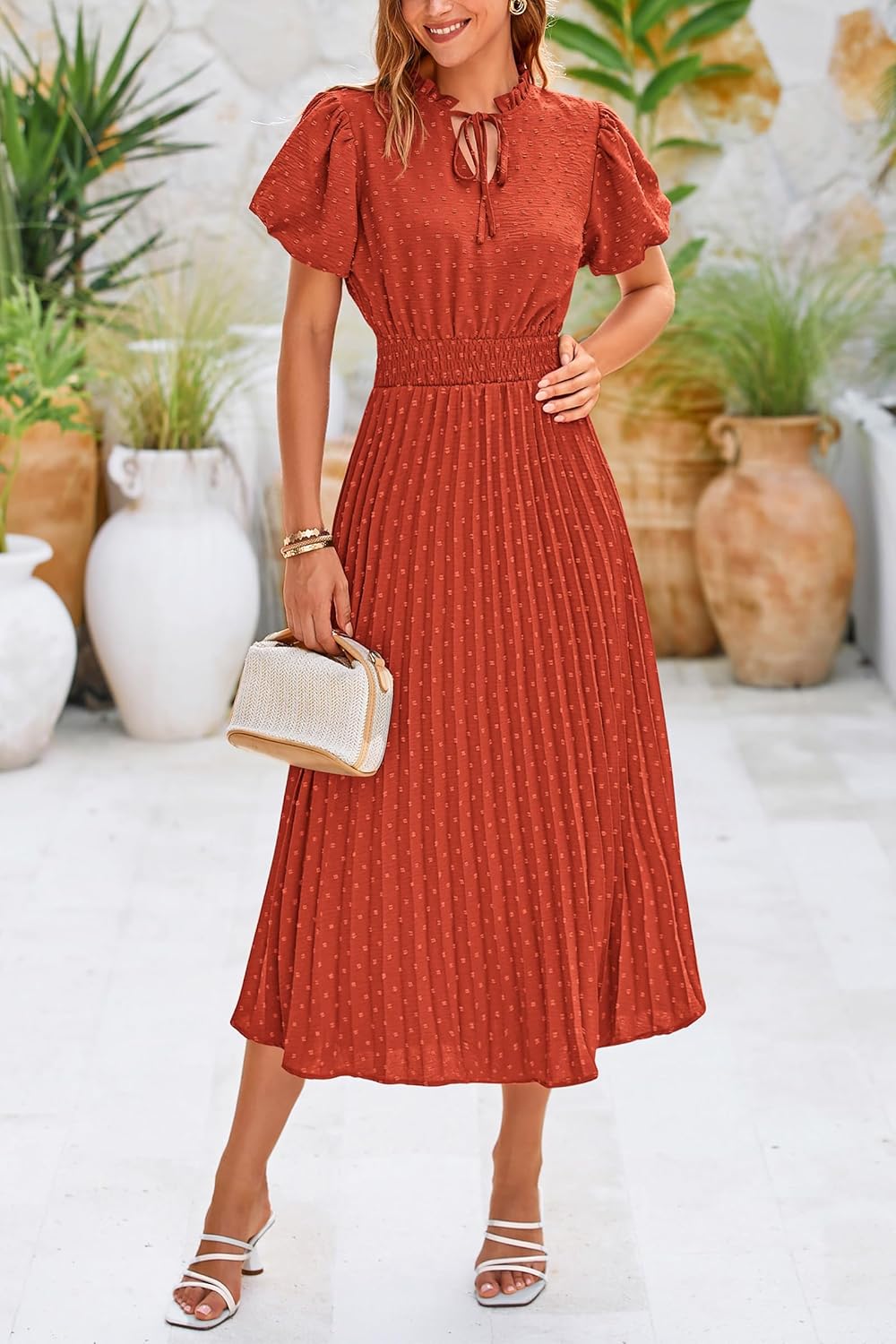 PRETTYGARDEN Womens Summer Midi Dresses Puff Short Sleeve V Neck Swiss Dot Pleated A Line Flowy Long Wedding Guest Dress - (color: Brick Red, size: X-Large)