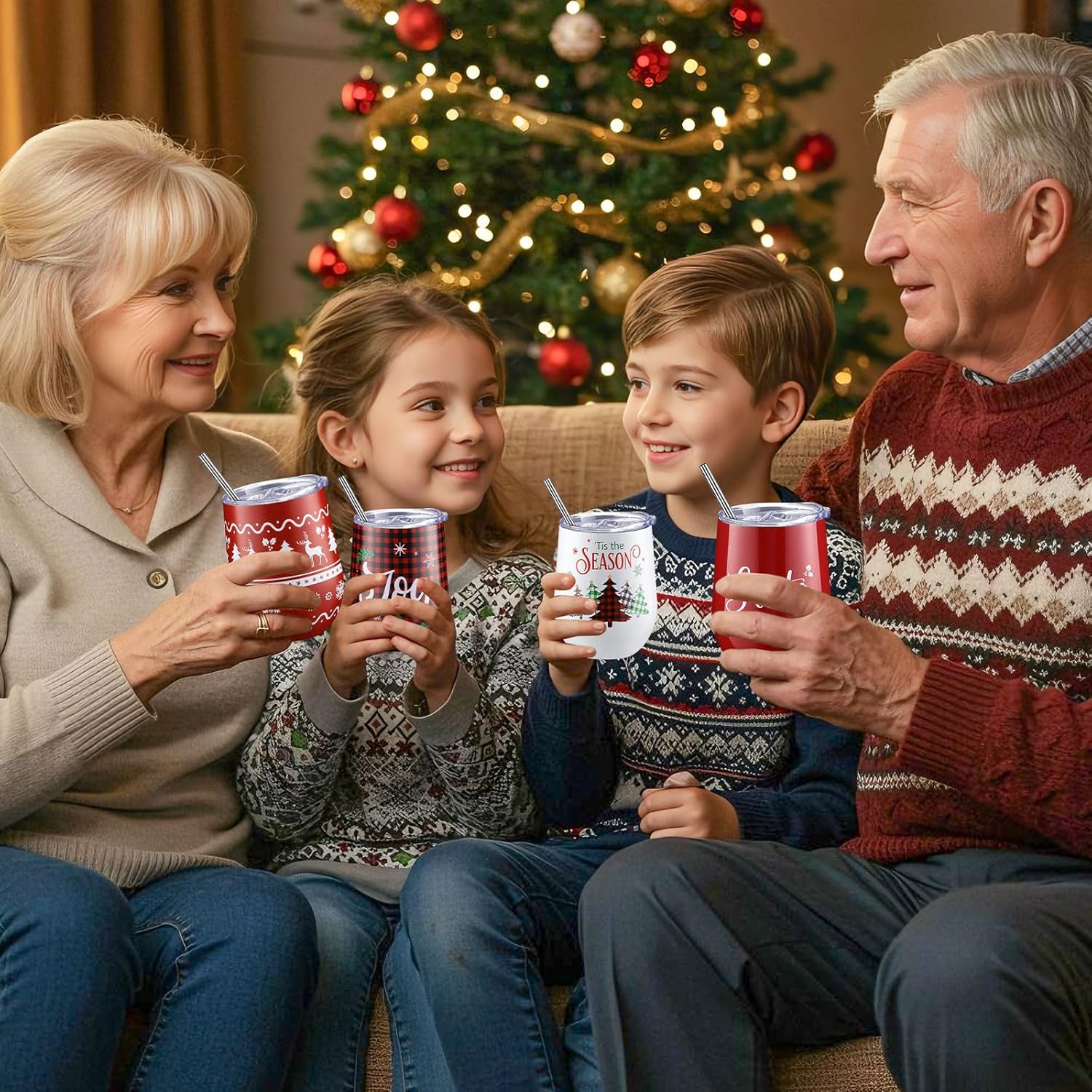 6 Pack Christmas Wine Tumbler Bulk 12oz Insulated Stainless Steel Wine Tumbler with Lid Straw and Brush Christmas Travel Coffee Mug Stocking Stuffer Gift for Kids Women