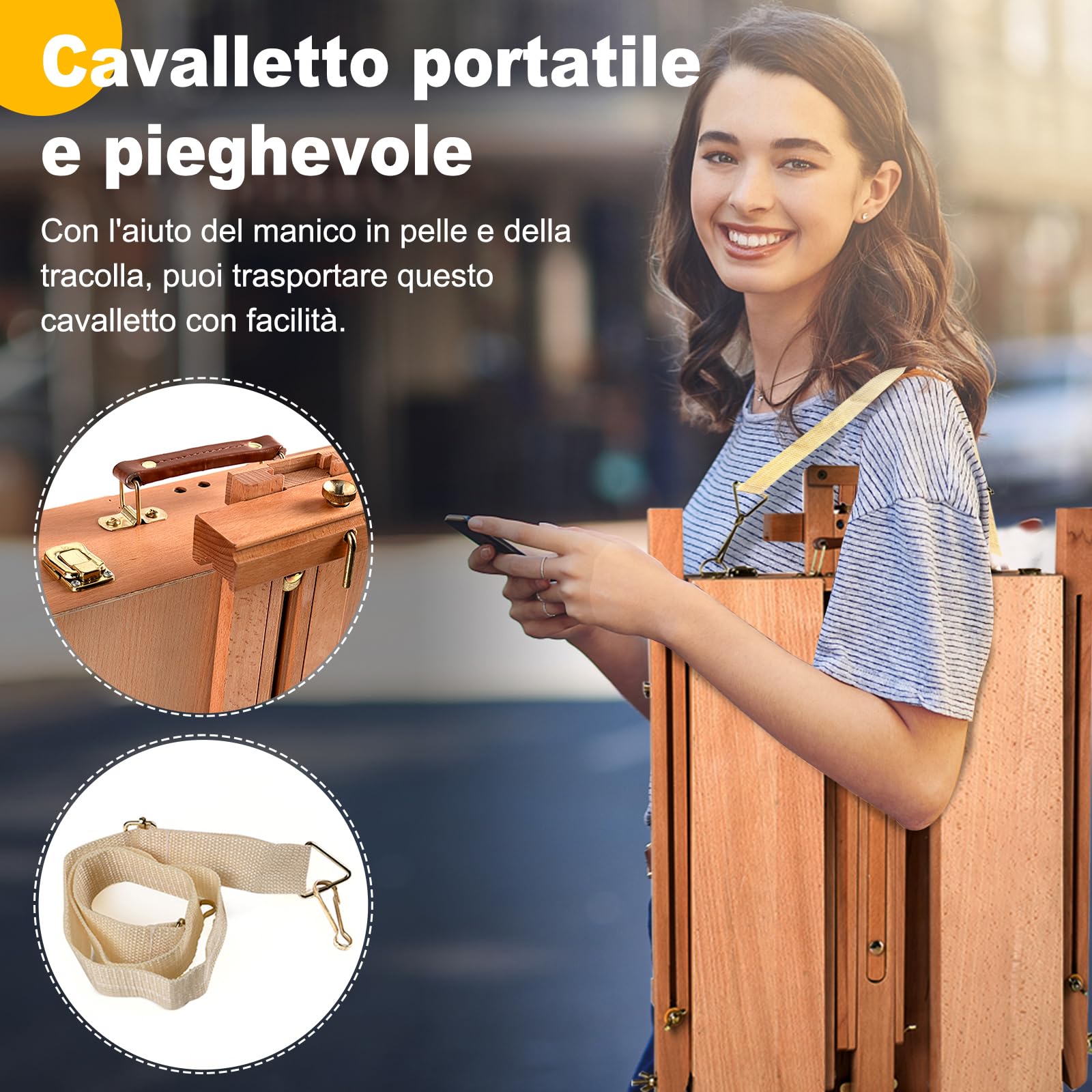 COSTWAY Cavalletto Regolabile Treppiede con Cassetto, Professionale Multiuso per Dipingere e Disegnare, in Legno di Faggio, Altezza Regolabile, 71x114x180cm