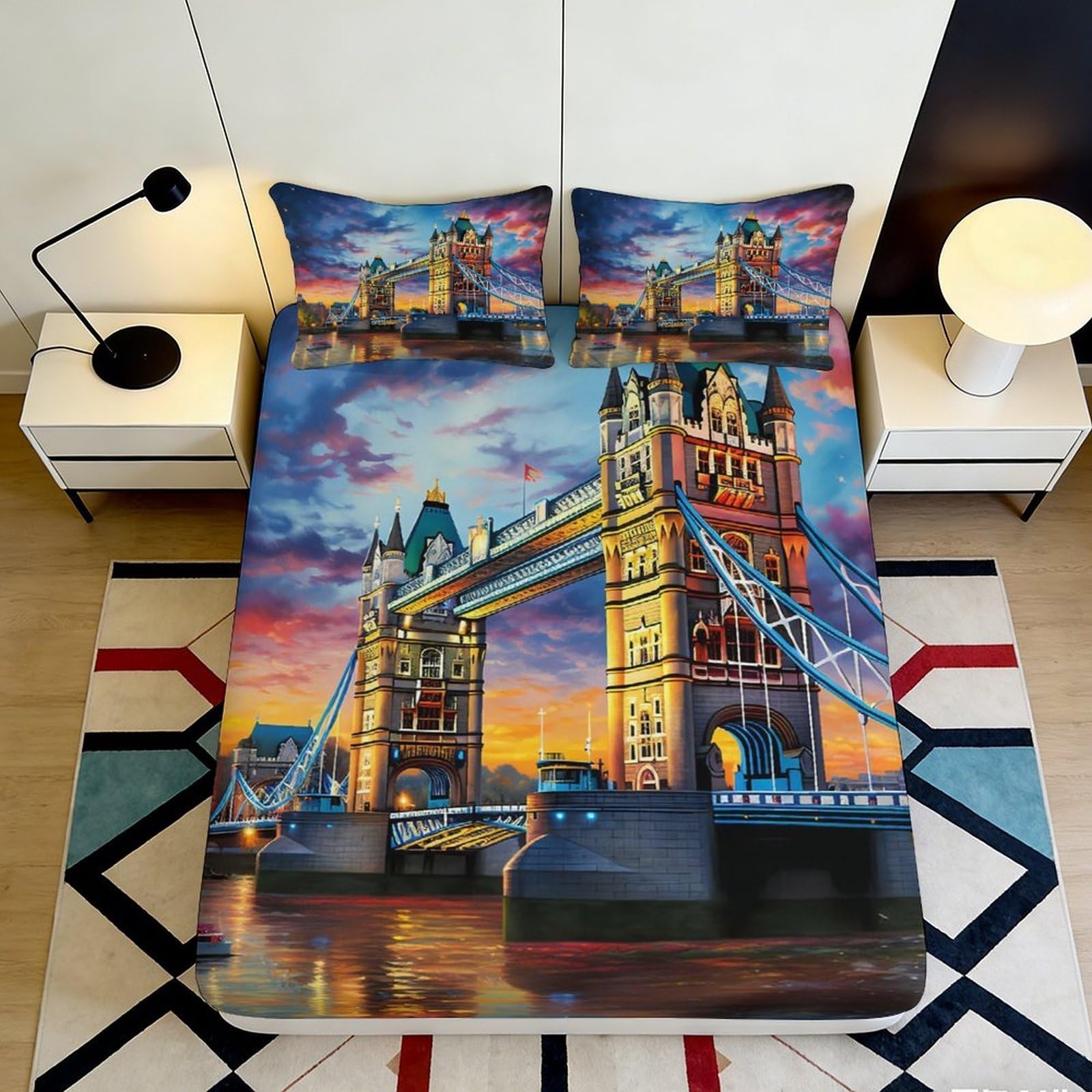 Pnayamiorkfel Style-3 3D Printed London Tower Bridge Fitted Sheet Microfiber Artistic Urban Bed Cover Anti-Slip Decor For Bedroom Dorm 90X200x25cm