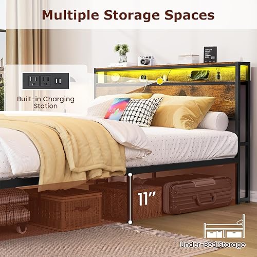 Miniatura 6 de FAVOOSTY Base de cama Queen con cabecera de 2 niveles, plataforma de metal con 2 cajones de almacenamiento, luces LED y estación de carga, sin