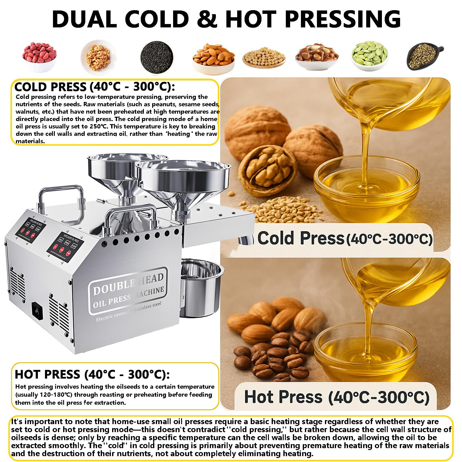 Máquina de prensa de aceite de doble cabezal, 1600 W de temperatura constante, prensa fría y caliente, salida de 6 a 13 kg/h, trabajo continuo de 24 horas para frutos secos y semillas