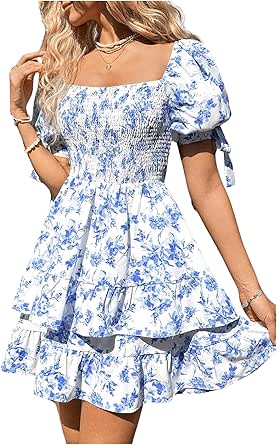 Floerns Women's Floral Print Puff Sleeve Square Neck Tiered Layer ...