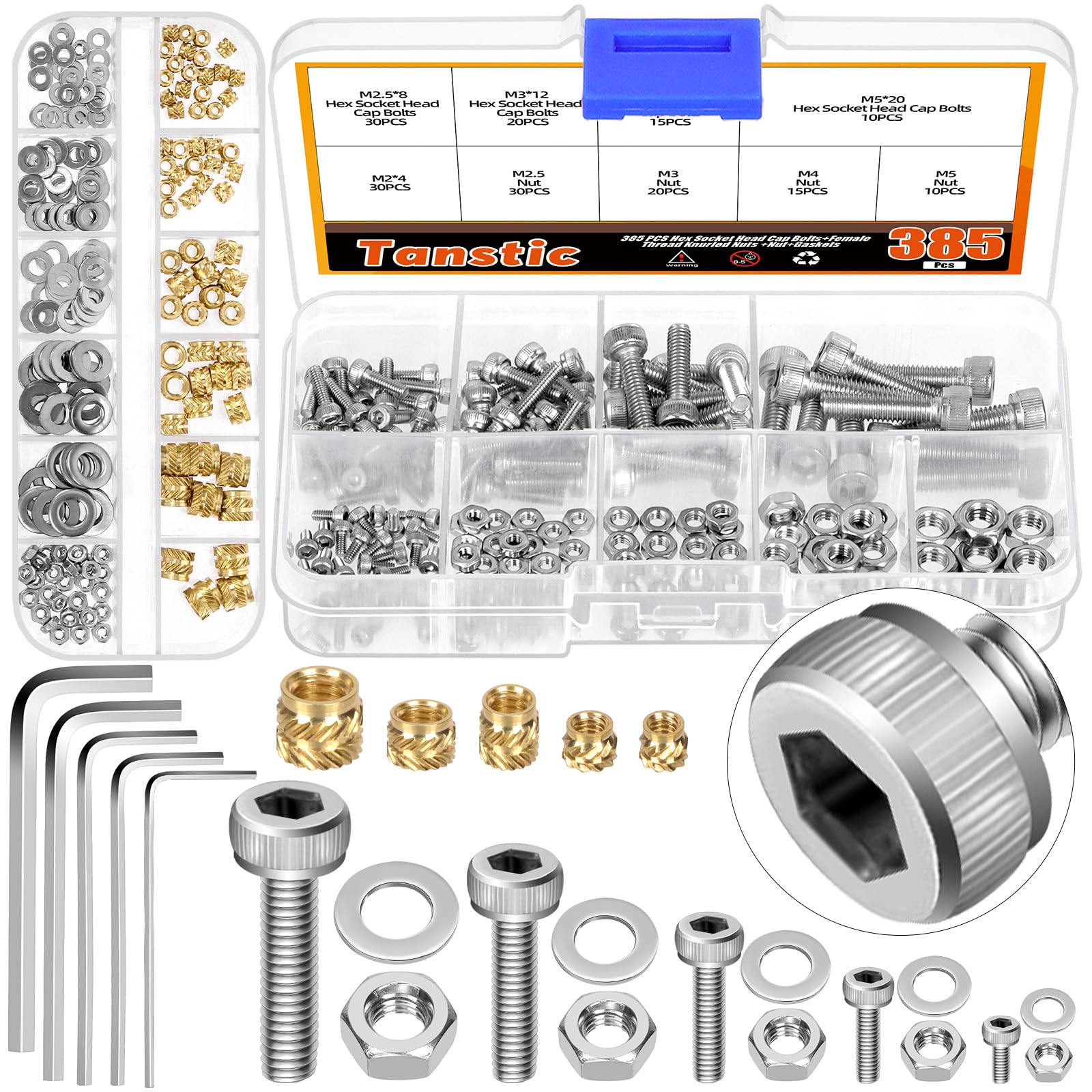 Tanstic 385Pcs M2 M2.5 M3 M4 M5 Hex Socket Head Cap Screws Bolts and Nuts and Washers Kit