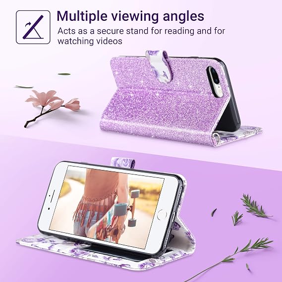 ULAK Compatible with iPhone 7 Plus/8 Plus Wallet Case, Premium PU Leather Flip Cover with Card Holder for Women, Kickstand Feature Protective Purse Case 5.5 Inch, Purple Glitter