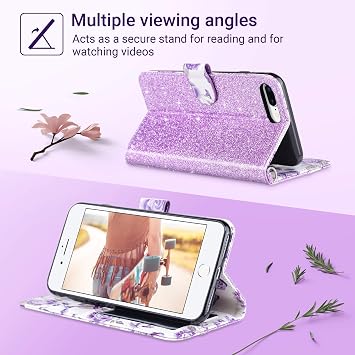 ULAK Compatible with iPhone 7 Plus/8 Plus Wallet Case, Premium PU Leather Flip Cover with Card Holder for Women, Kickstand Feature Protective Purse Case 5.5 Inch, Purple Glitter