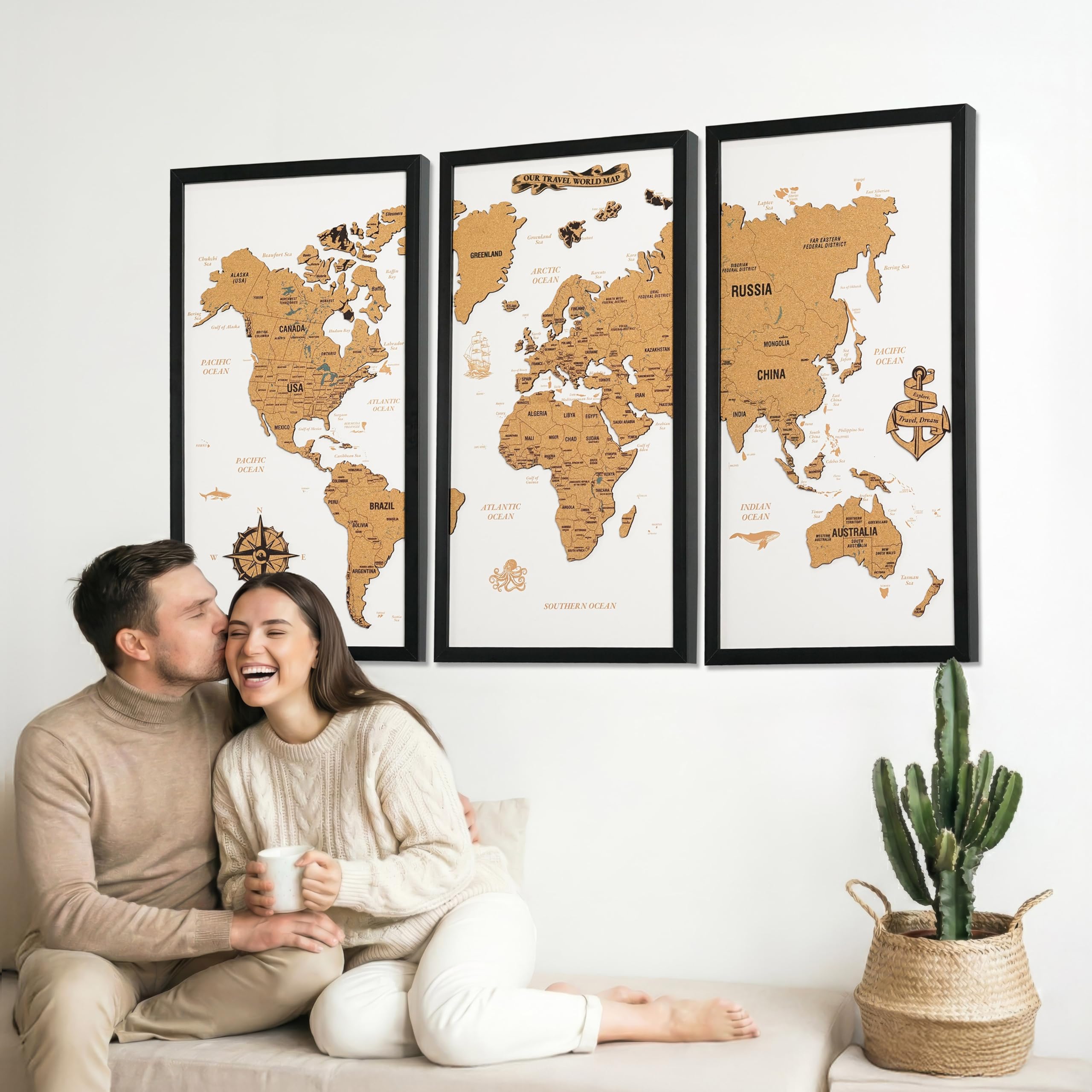 Colorfull Worlds Oprawiona biała mapa świata z korka, sztuka ścienna, 111 x 72 cm, 3-częściowy design, mapa geograficzna, sztuka ścienna, do biura, tablica z przypinkami