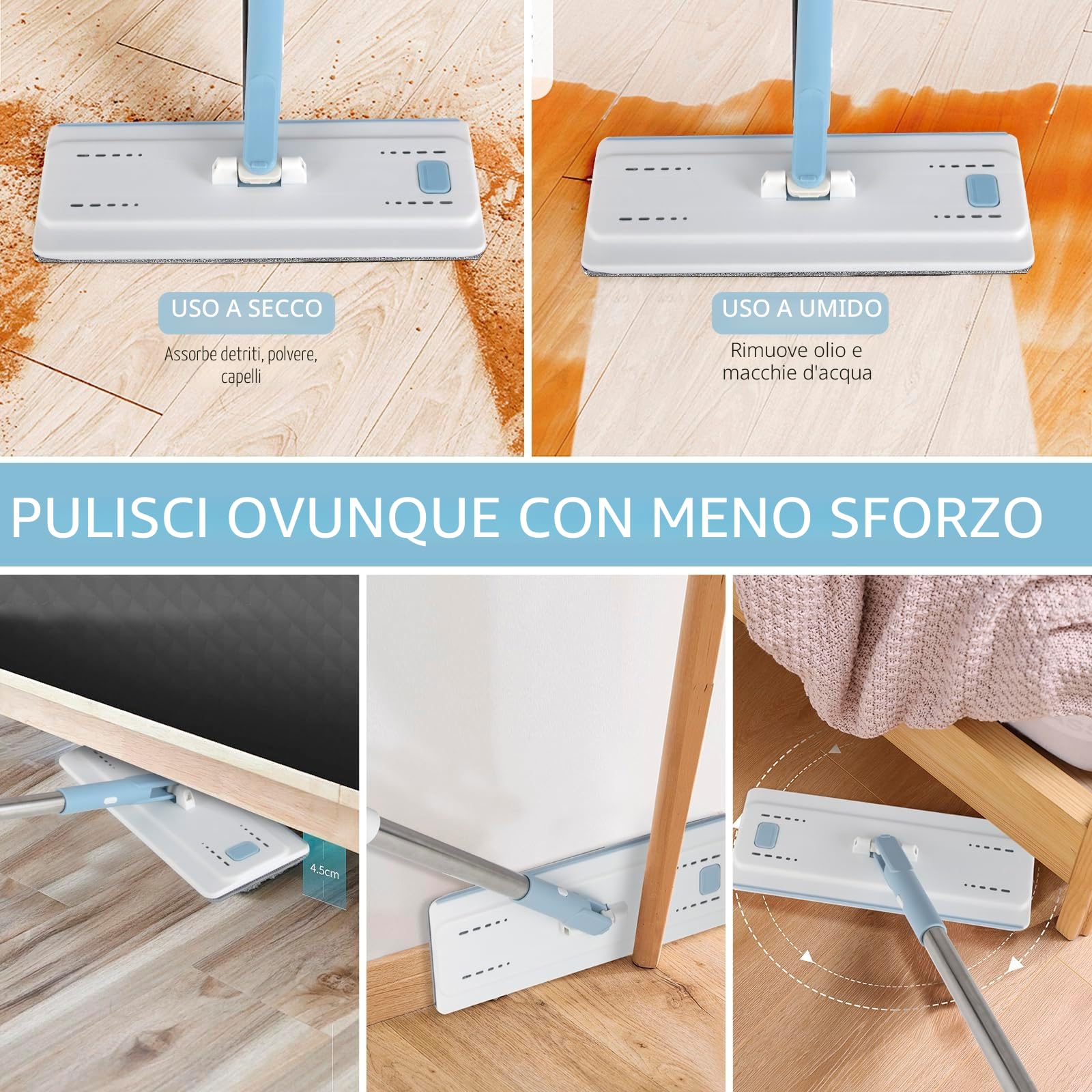 Set di secchio per mocio rotante con strizzatore rotante a 360 gradi e 2 panni in microfibra con manico telescopico facile da premere con centrifuga a secco, set in microfibra per la pulizia della