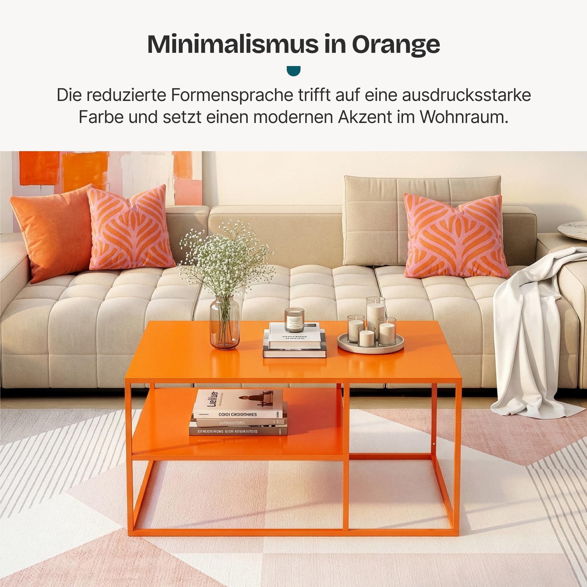 [en.casa] Couchtisch Solund Beistelltisch Metall Orange Wohnzimmertisch mit Stauraum 90 x 60 x 45 cm Sofatisch rechteckig Kaffeetisch