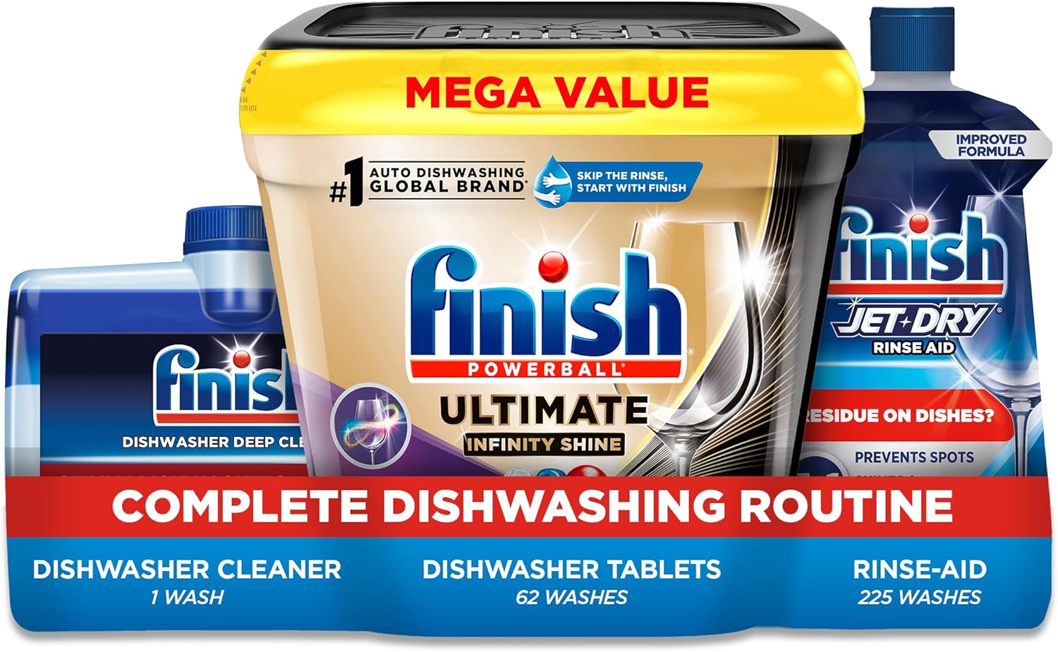 Finish Ultimate Deep Clean Bundle - Ultimate Dishwasher Detergent Pods (62ct), Jet Dry Rinse Aid (23oz) for Residue & Hard Water, Dishwasher Cleaner (8.45oz) For Grease & Limescale
