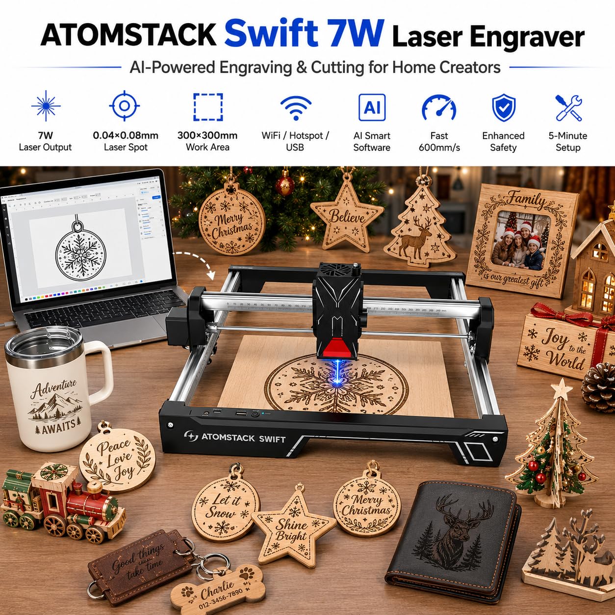 ATOMSTACK Swift laser Graviermaschine für Anfänger, 7000mW Laser Cutter, 300×300mm Gravurbereich, Kostenlose AtomStack-Software und App, Hohe Präzision Lasergravierer für Holz und Leder (Swift 7W)